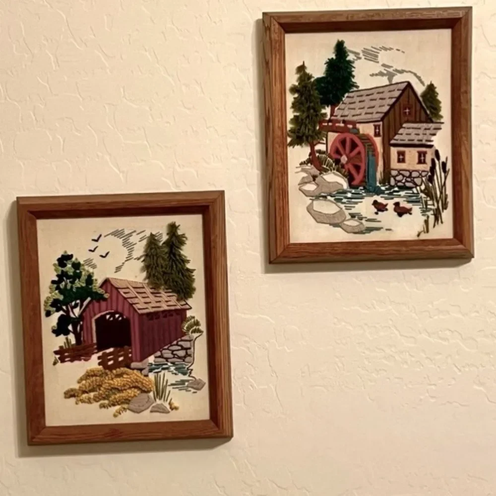2 Set Pair 70s MCM Crewel Needlepoint Embroidered Tapestry Country Yarn Wall Art